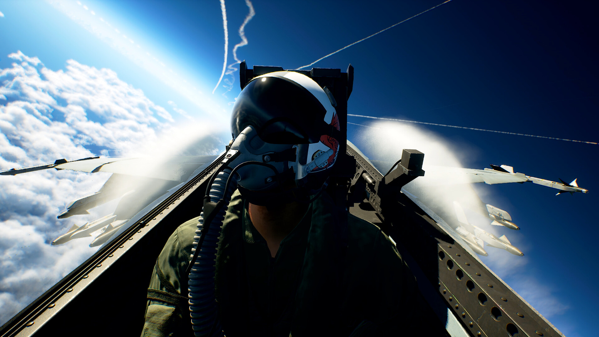 Pilota in cabina durante il volo sopra le nuvole — Ace Combat 8: Wings of Theve.