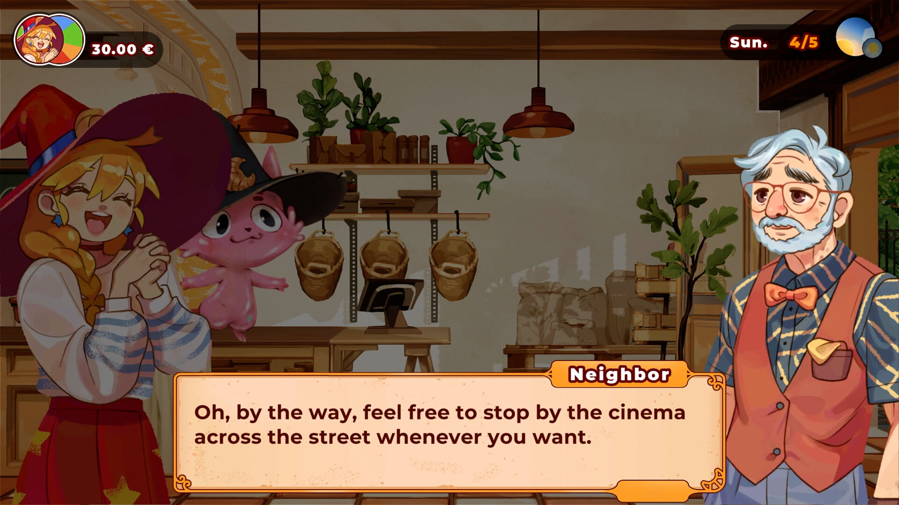 Un dialogo in panetteria in The Witch’s Bakery, immagine promozionale ufficiale Sunny Lab dalla gallery Steam.