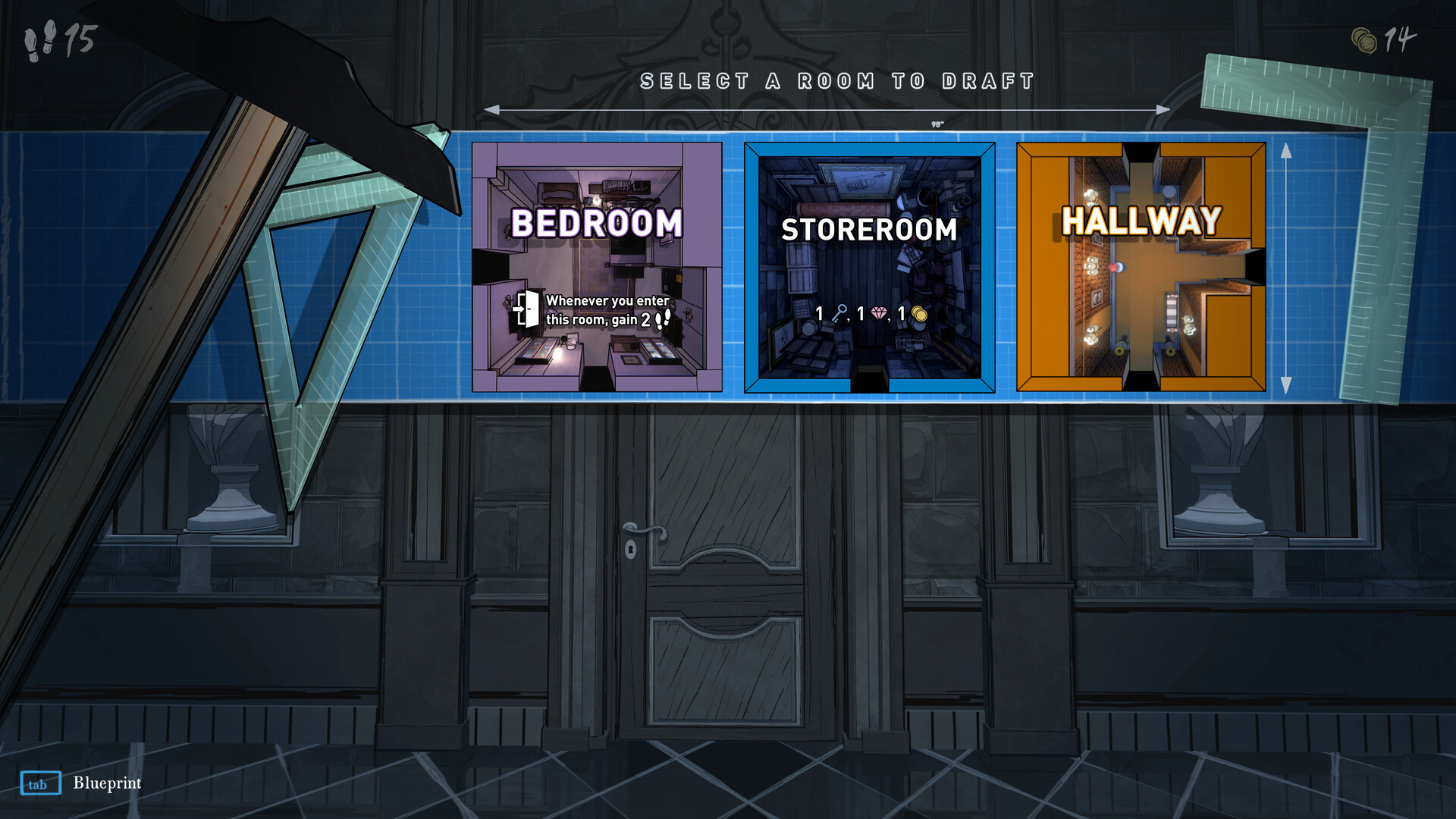 Scelta fra tre planimetrie di stanze — Blue Prince. Screenshot generale del gioco, non anteprima delle impostazioni di accessibilità.