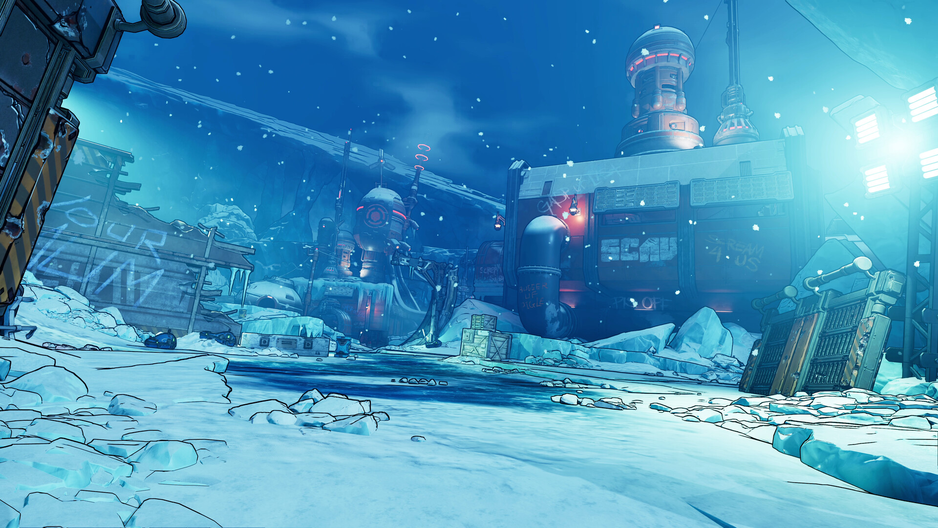 Strutture innevate e passerelle nella regione del DLC — Borderlands 4.