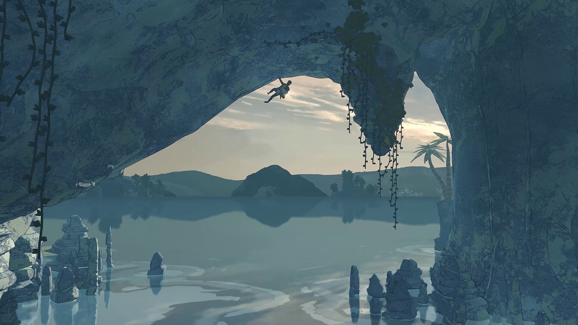 Una scalata in una grotta sopra l’acqua, materiale ufficiale del DLC — Cairn.