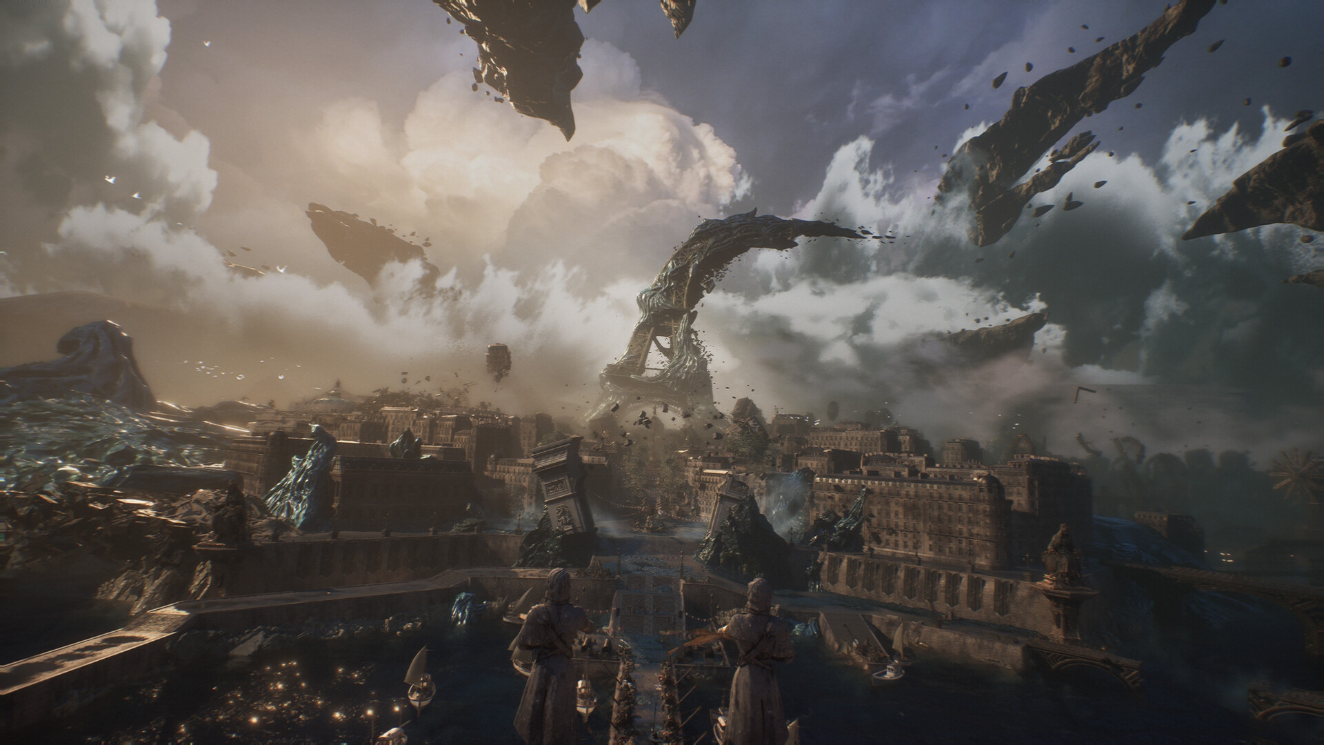 Un personaggio osserva un vasto paesaggio di rovine — Clair Obscur: Expedition 33. Screenshot ufficiale del gioco base; non identifica la nuova area dell’aggiornamento.