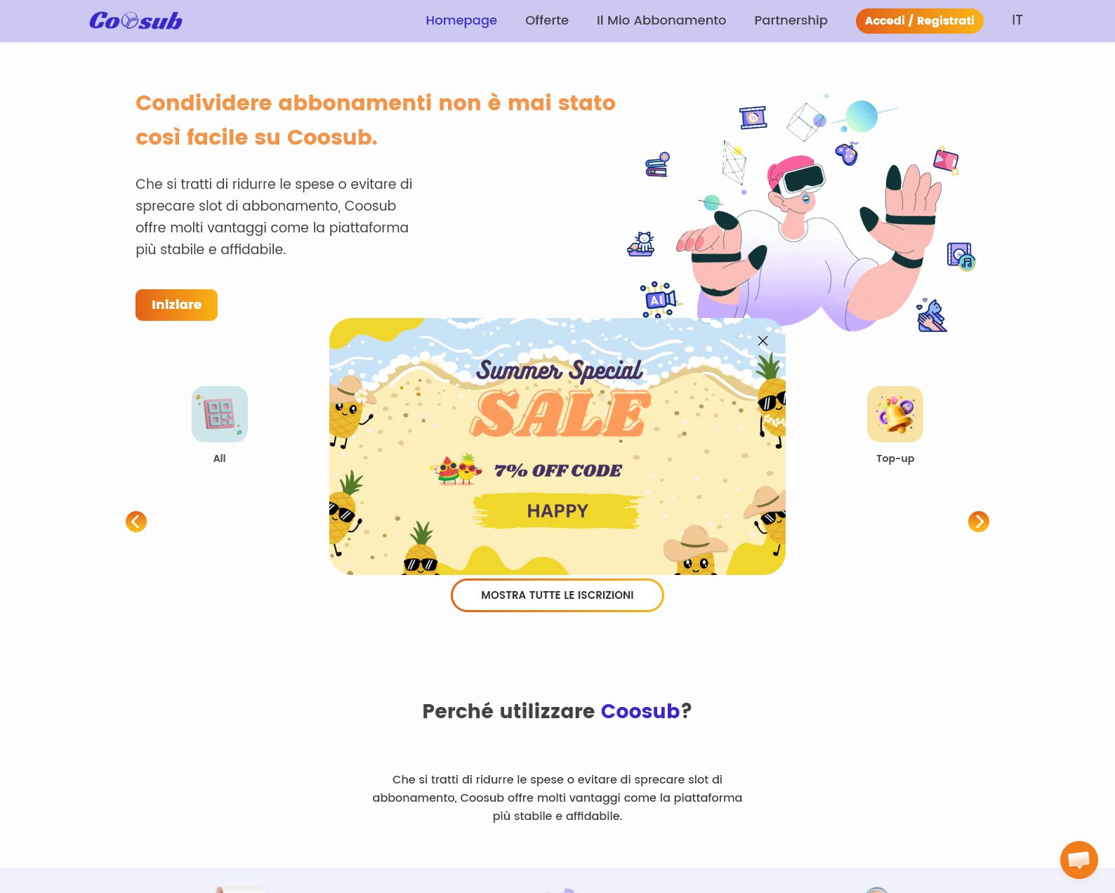 Homepage Coosub con promozione stagionale e accesso al catalogo abbonamenti 2026