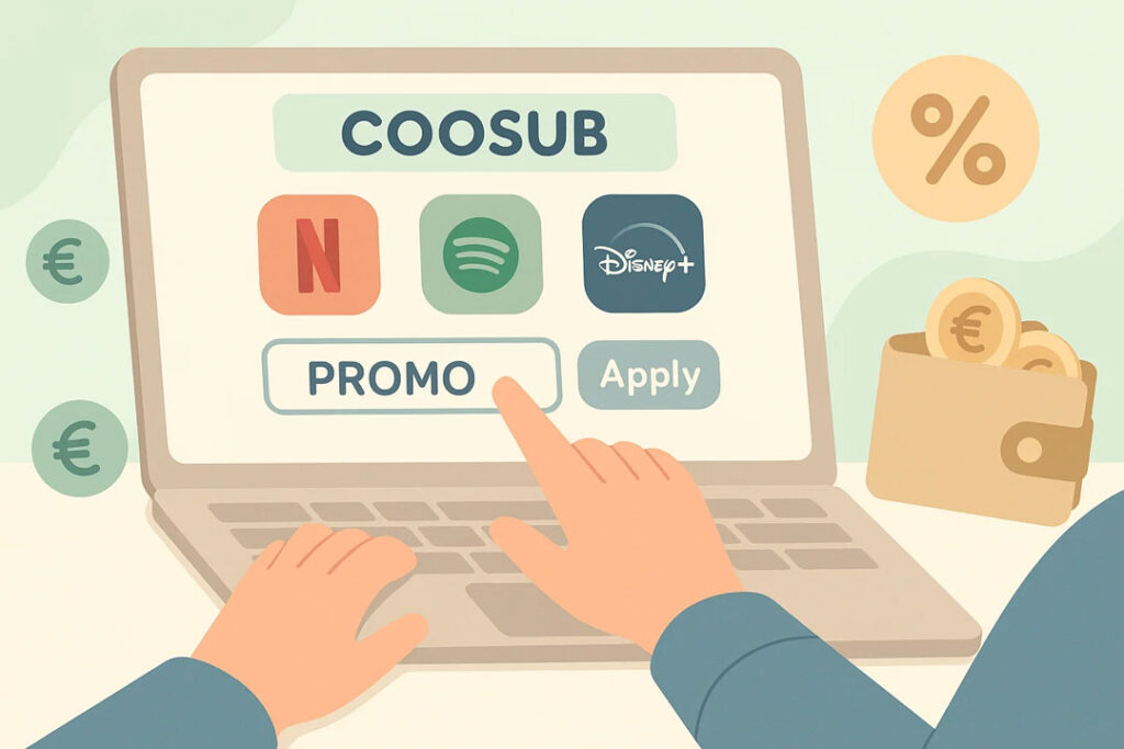 Illustrazione in stile flat di una persona che inserisce un codice sconto “PROMO” su un portatile mentre acquista abbonamenti digitali come Netflix, Spotify e Disney+. Attorno ci sono monete in euro, simboli di percentuale e un portafoglio, a rappresentare il risparmio.