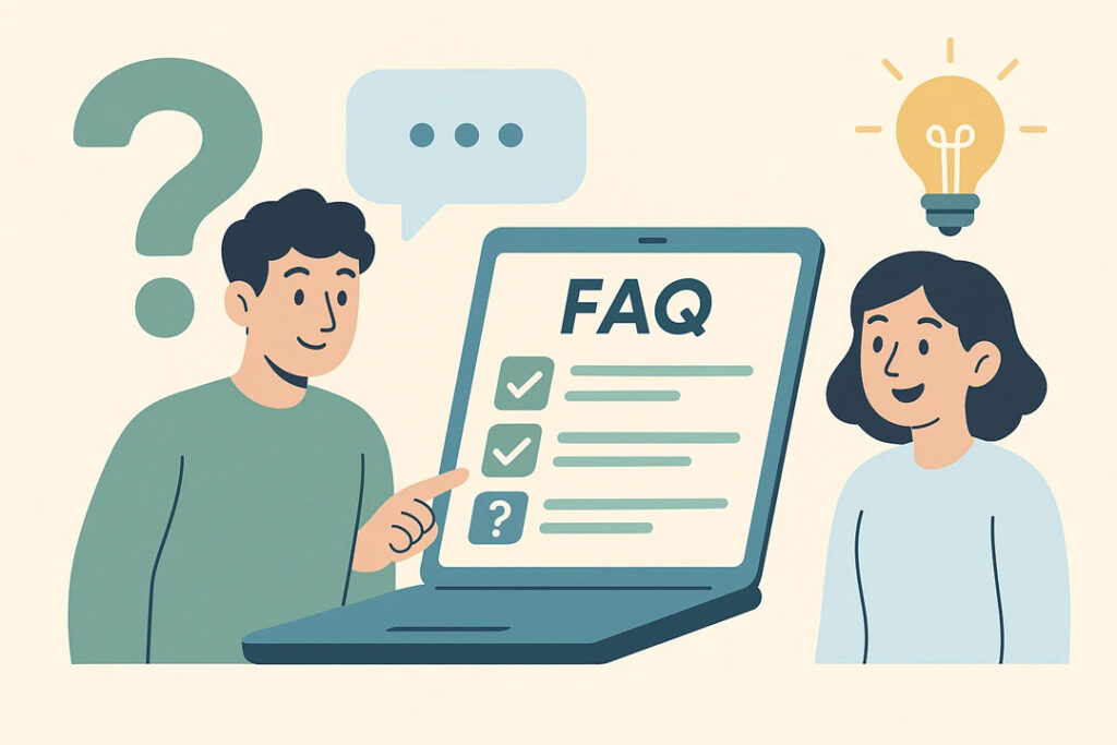 Due personaggi dialogano davanti a un laptop che mostra una pagina FAQ con icone di spunte e punti interrogativi. Attorno ci sono simboli di domanda, una nuvoletta di dialogo e una lampadina accesa, simbolo di comprensione.