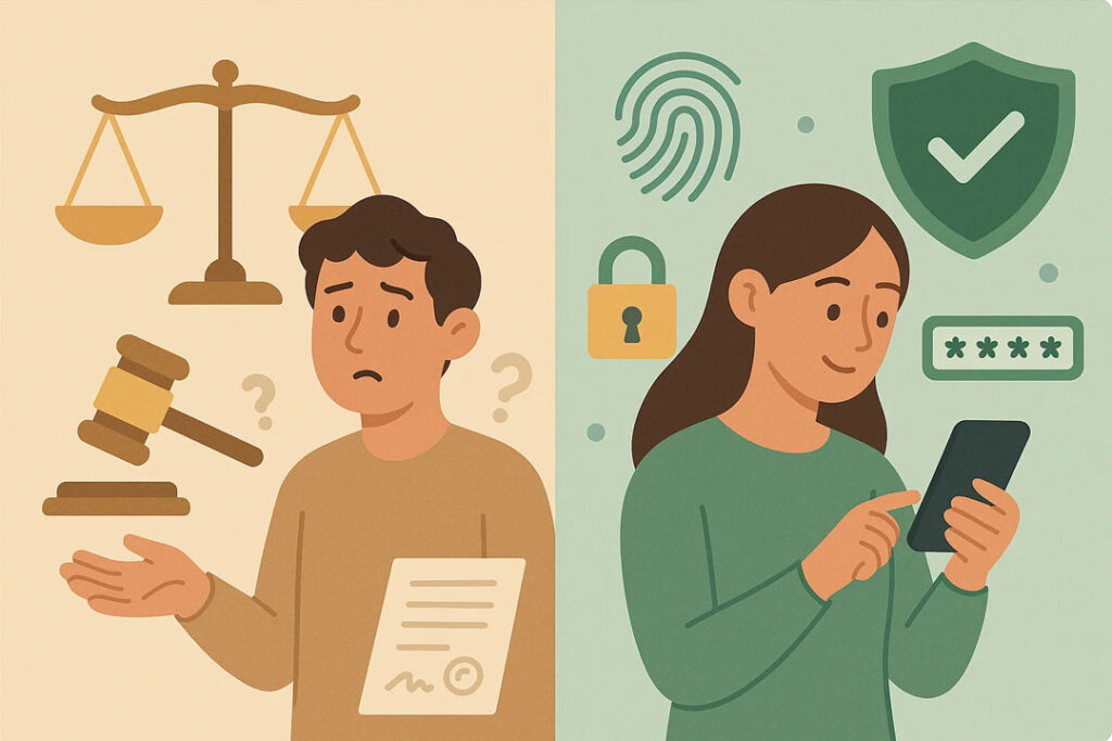 Illustrazione divisa in due parti: a sinistra un uomo confuso accanto a simboli legali (bilancia, martelletto), a destra una donna serena che usa lo smartphone circondata da simboli di sicurezza digitale.