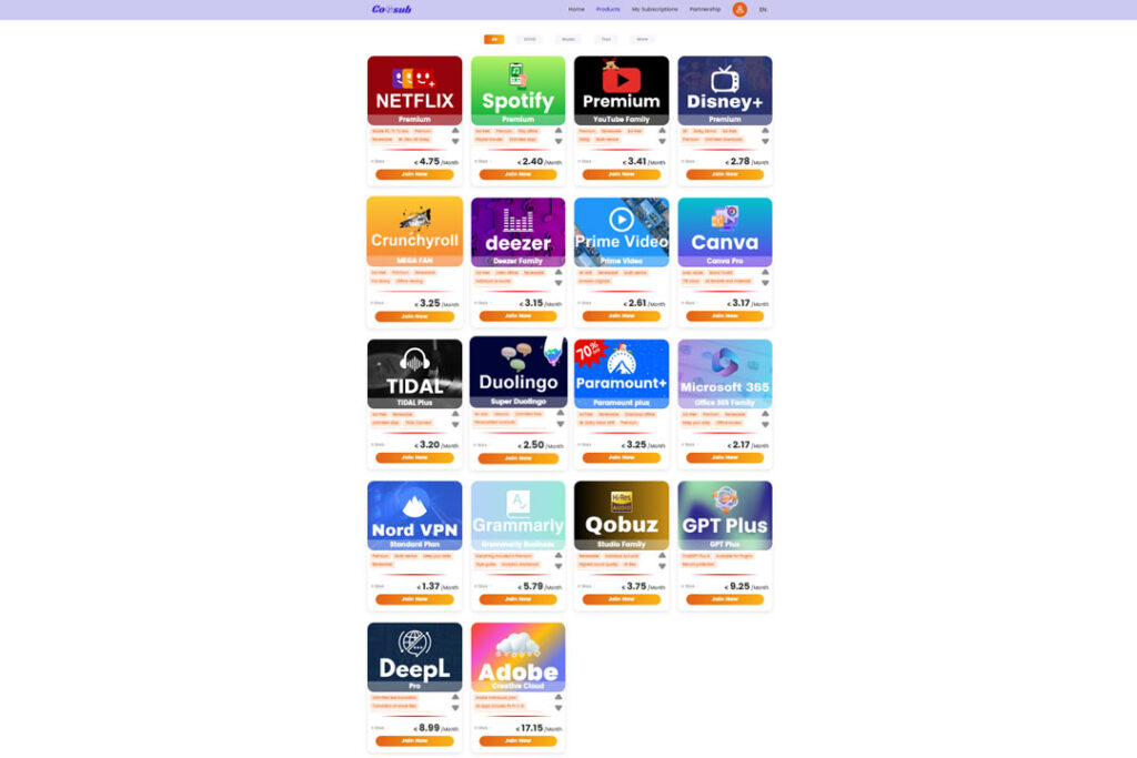 Screenshot della pagina dei servizi disponibili su Coosub, con abbonamenti digitali come Netflix, Spotify, Disney+, Canva, GPT Plus, Adobe e altri, a prezzi mensili ridotti.