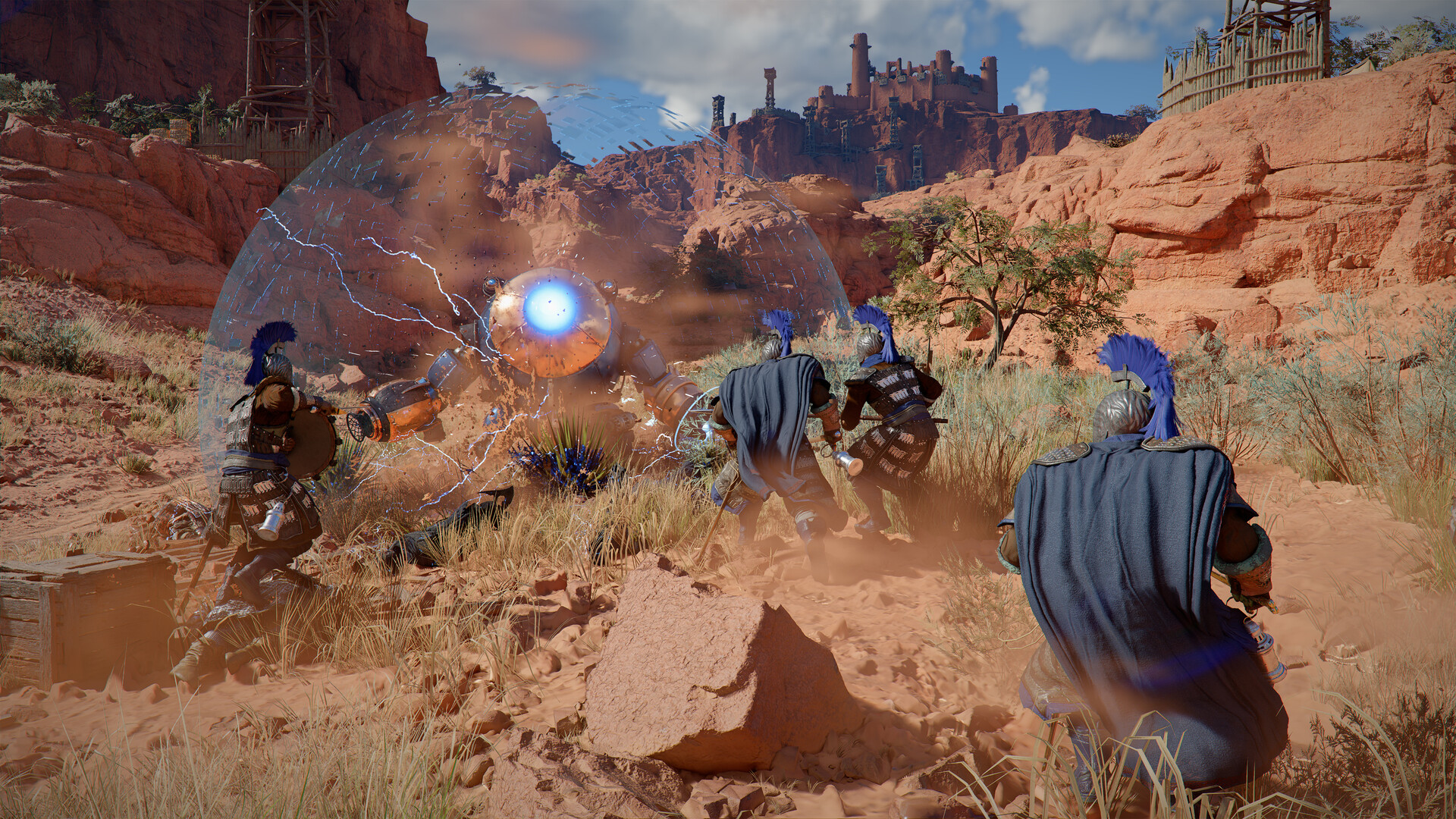 Scontro in un canyon roccioso con effetti luminosi — Crimson Desert Enhanced. Immagine generale del gioco, non confronto prima e dopo l’aggiornamento.