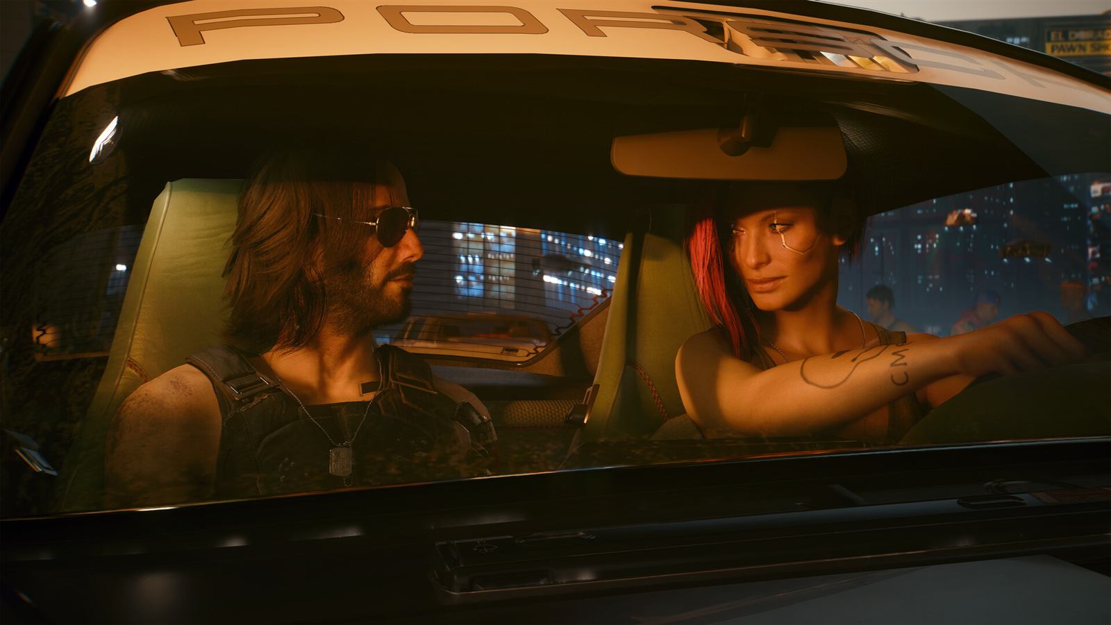 Johnny Silverhand e V in auto in Cyberpunk 2077