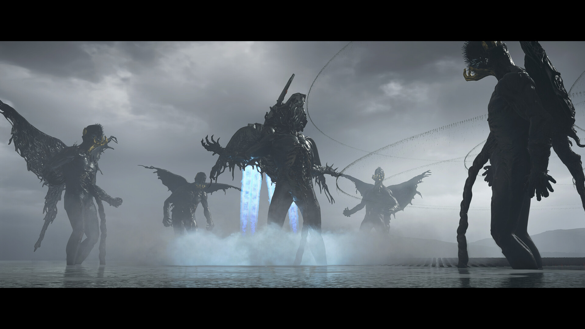 Figure e minacce soprannaturali in un paesaggio oscuro — DEATH STRANDING 2: ON THE BEACH.