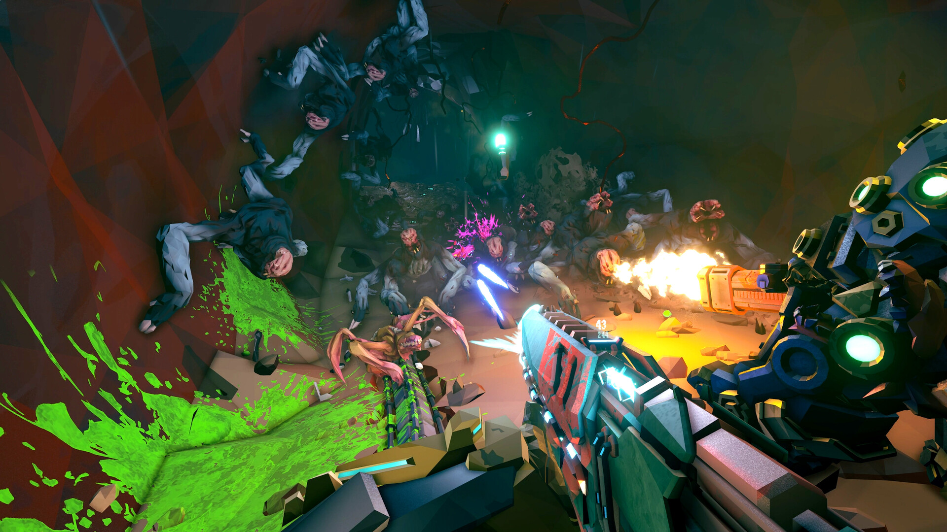 Combattimento nelle caverne di Rogue Core — Deep Rock Galactic: Rogue Core.