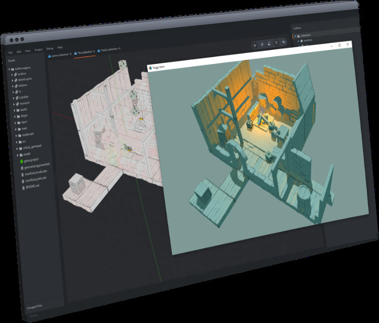 Una vista illustrativa dell’editor 3D di Defold dal sito ufficiale; non è l’annuncio di un nuovo gioco Xbox.