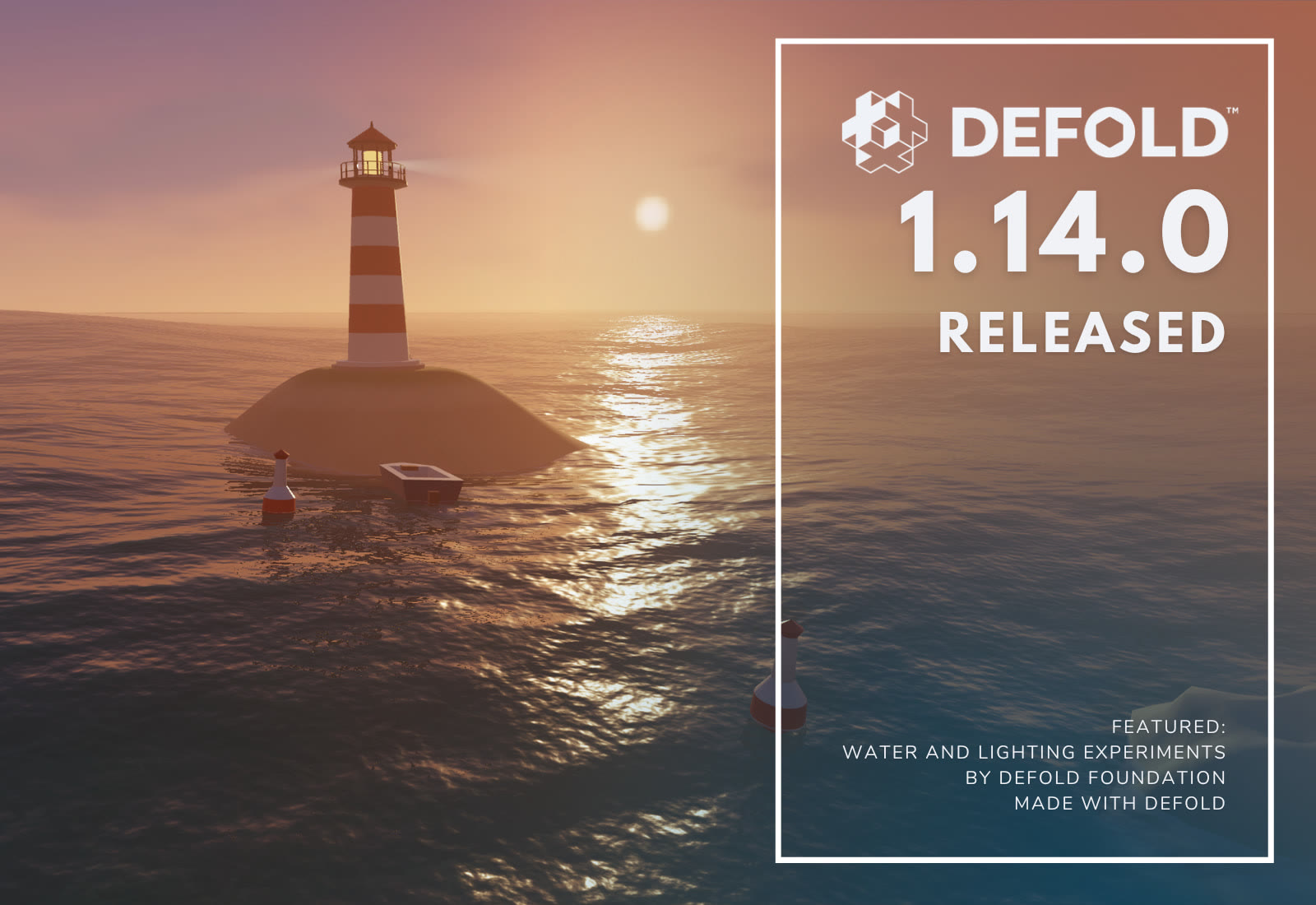 Illustrazione ufficiale della release Defold 1.14.0, con un esperimento di acqua e illuminazione della Defold Foundation.