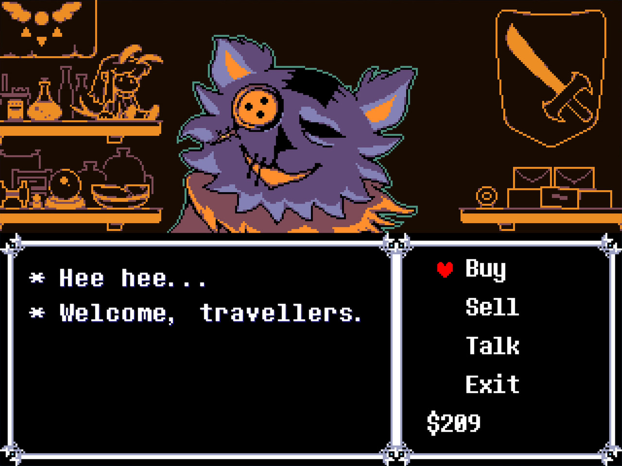 Dialogo con un mercante e interfaccia del negozio — DELTARUNE. Immagini generali del gioco, non una galleria specifica del Capitolo 5.