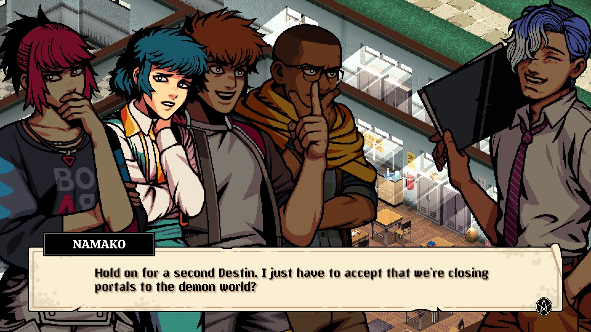 Un dialogo fra gli studenti e i loro compagni — Demonschool. Screenshot generale del gioco; non documenta necessariamente la versione 1.10.
