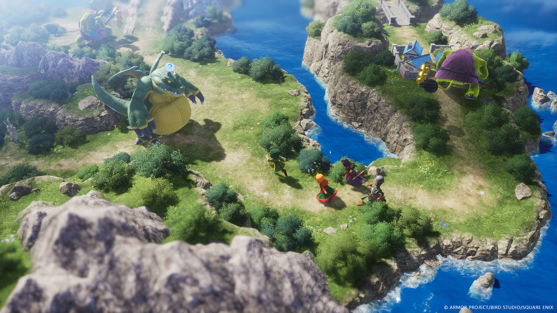 Esplorazione di un paesaggio con fiume e rilievi — Dragon Quest VII Reimagined.