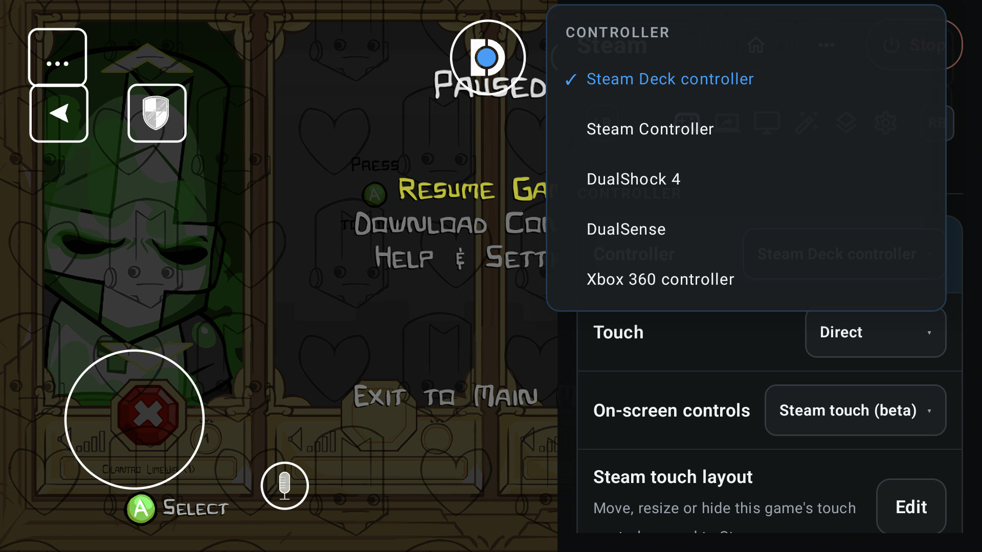 DroidDeck 0.4.0, selezione dei controller virtuali e controlli touch