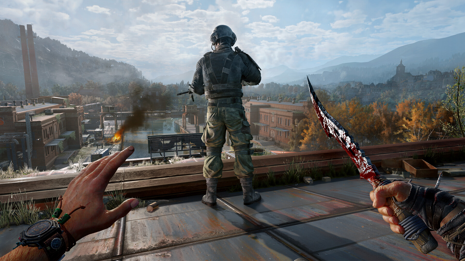 Kyle Crane armato fra i paesaggi di Castor Woods — Dying Light: The Beast. Immagine generale del gioco; non è una prova della modalità Restored Land.
