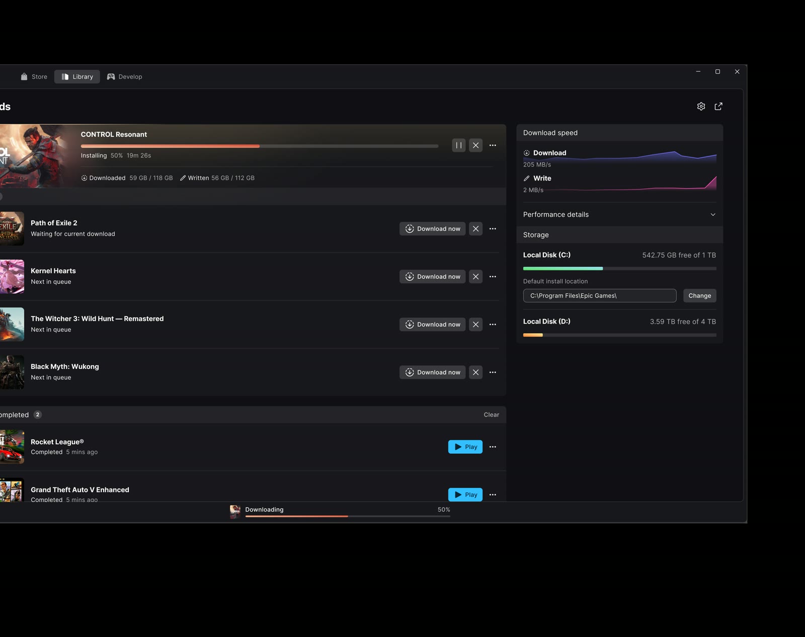 Il gestore dei download del nuovo Epic Games Launcher con velocità e progressi