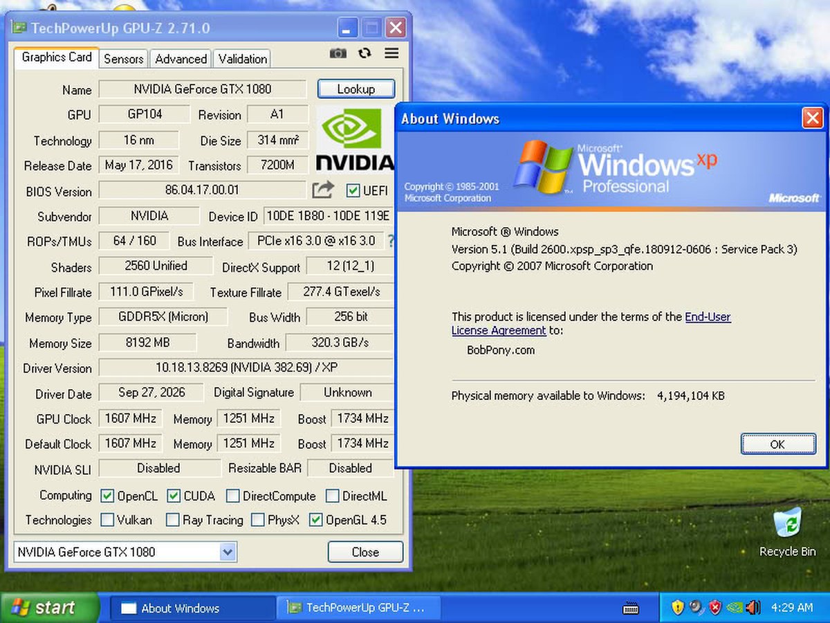 GeForce GTX 1080 riconosciuta su Windows XP dal driver Forceware 382.69