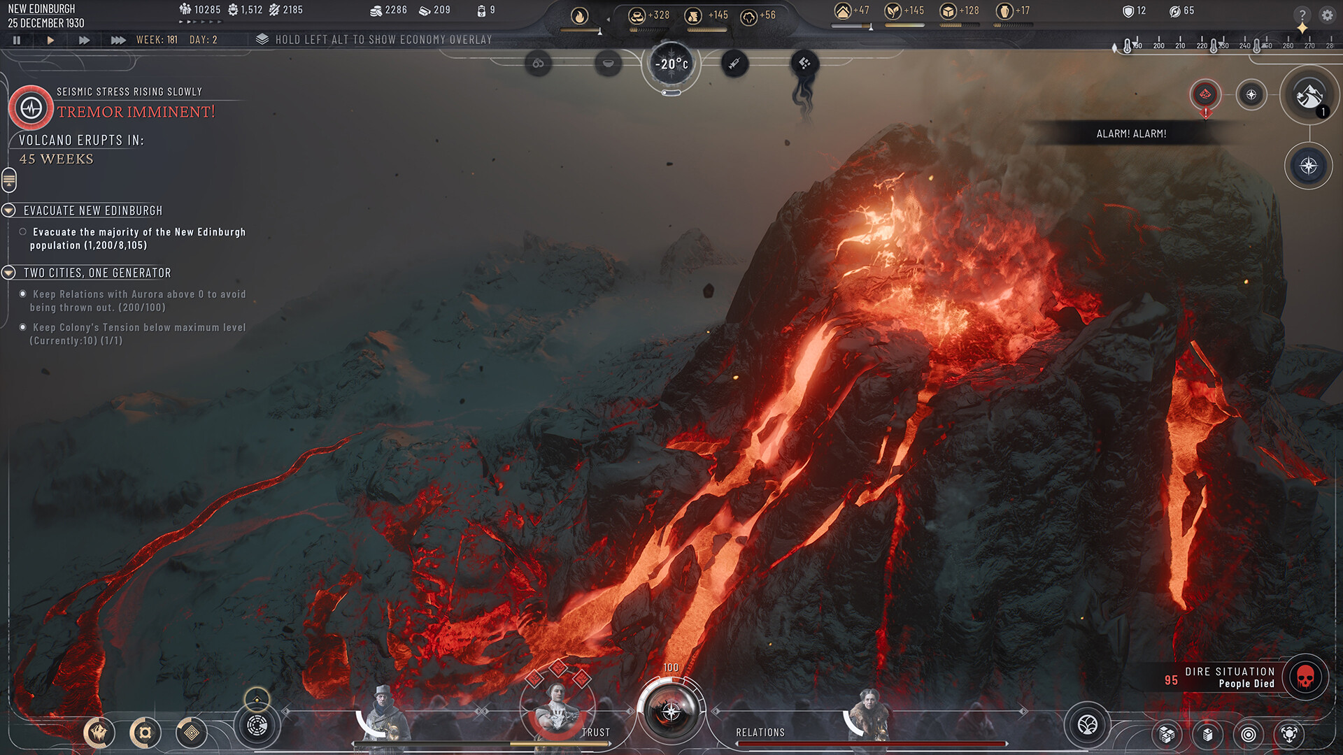 Il vulcano riversa lava sulla mappa di Breach of Trust — Frostpunk 2.