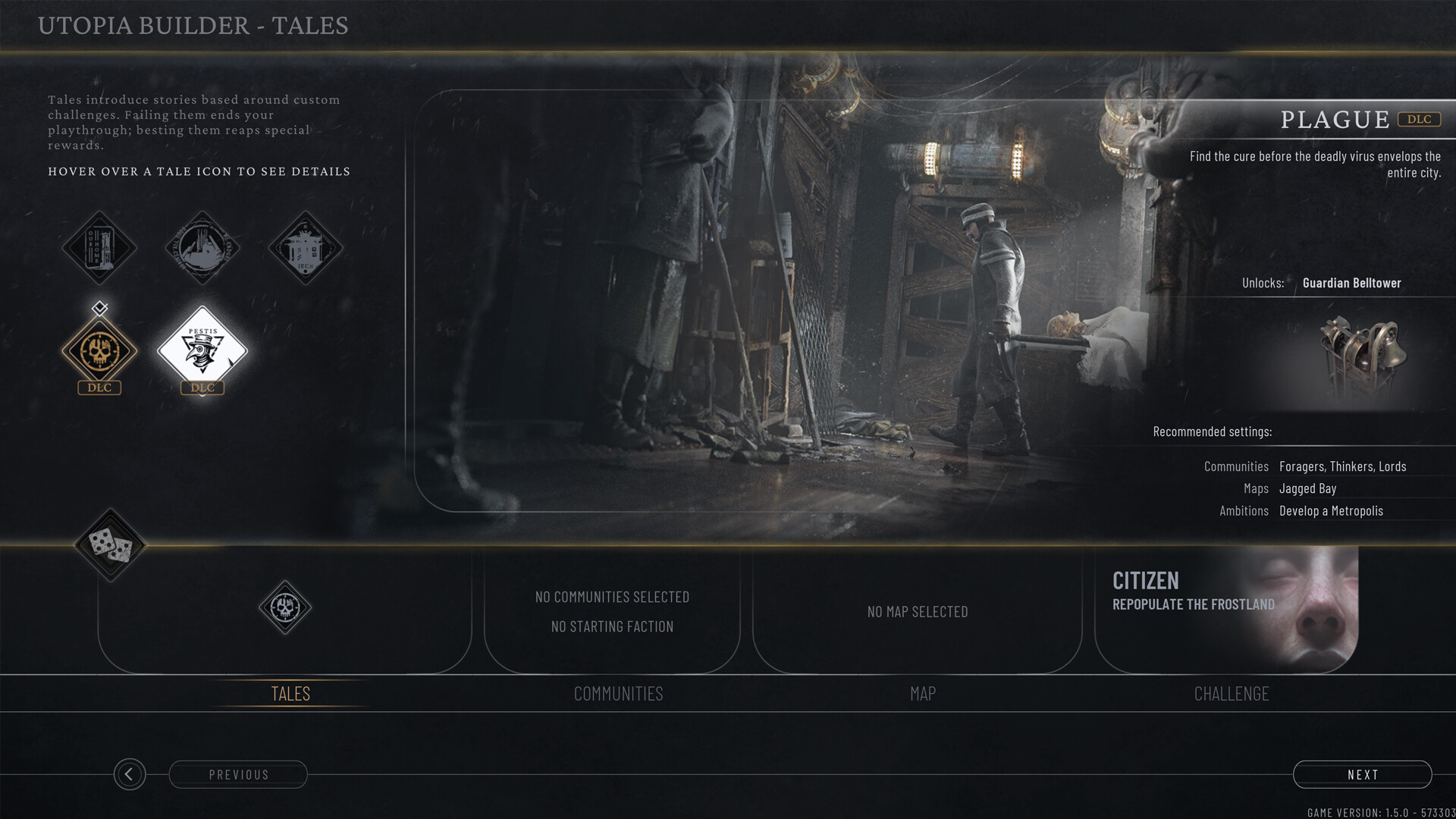 Menu di Utopia Builder con la scelta delle Tales — Frostpunk 2.