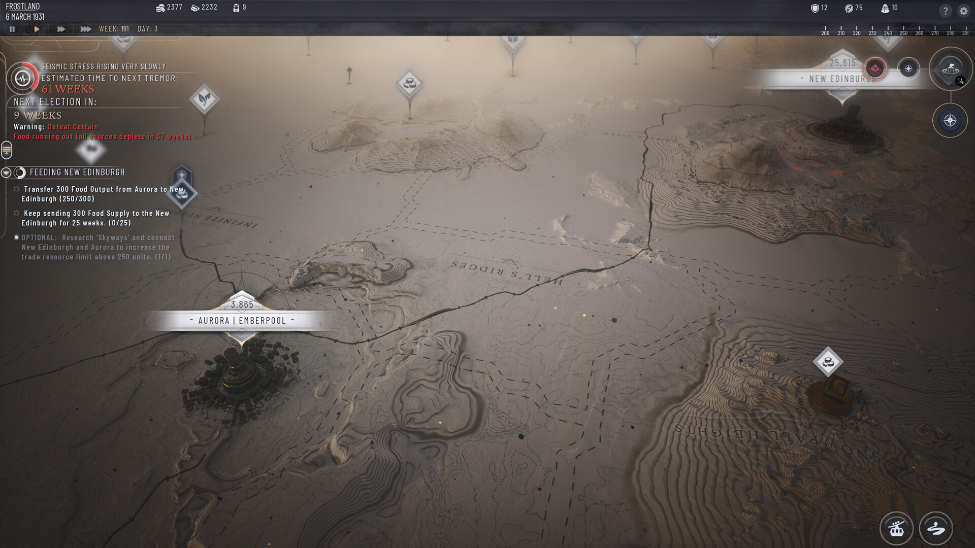La mappa strategica mostra i percorsi fra aree e insediamenti — Frostpunk 2.