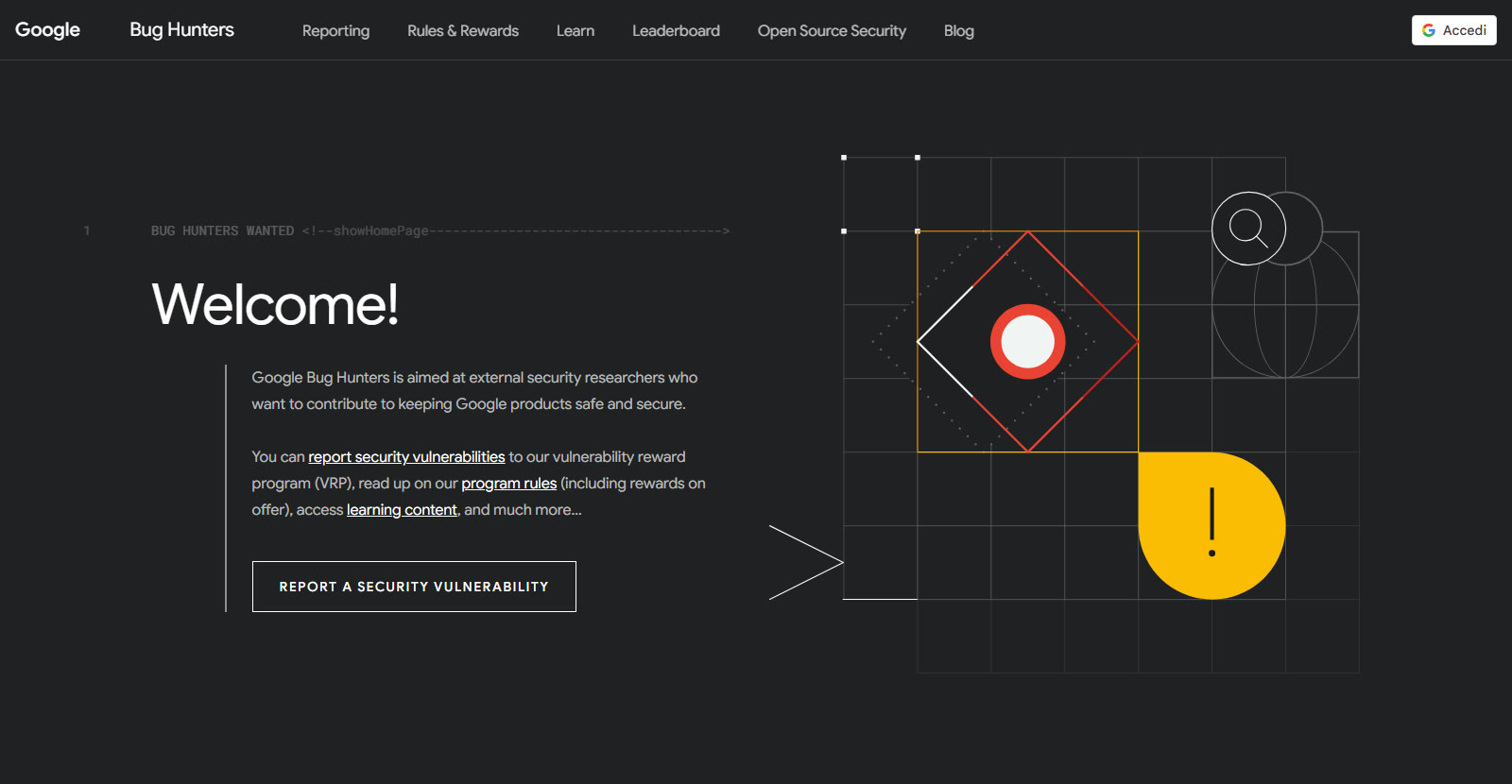 La pagina iniziale ufficiale di Google Bug Hunters