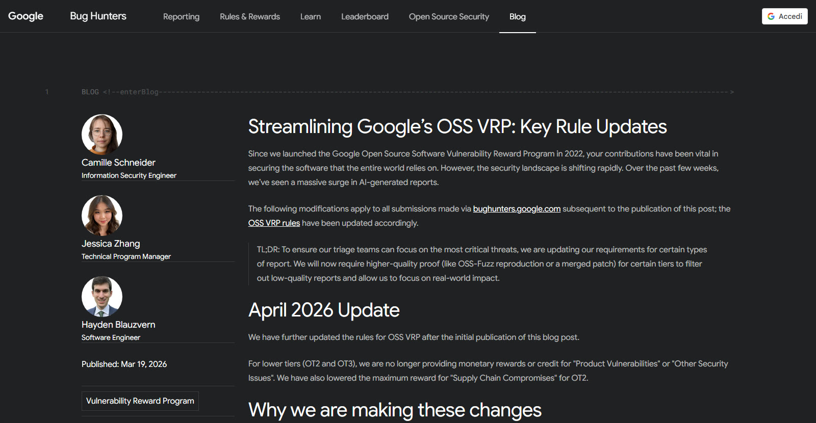 L’aggiornamento ufficiale delle regole OSS VRP pubblicato da Google Bug Hunters
