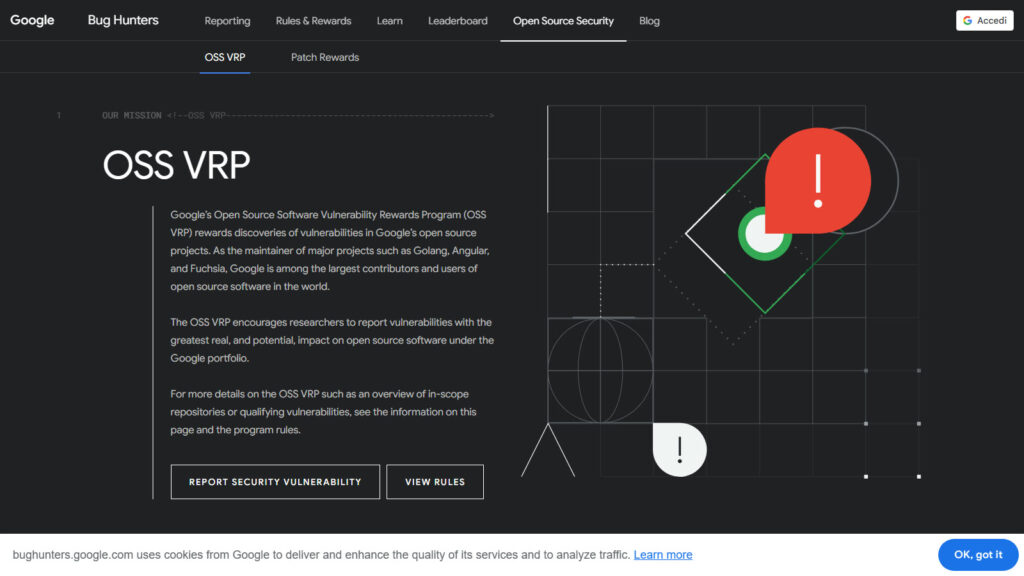 La pagina ufficiale del programma Google Open Source Software Vulnerability Rewards Program