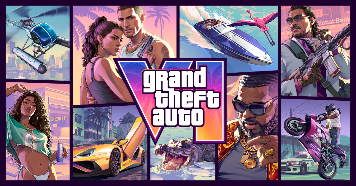 Artwork ufficiale di Grand Theft Auto VI con logo e personaggi