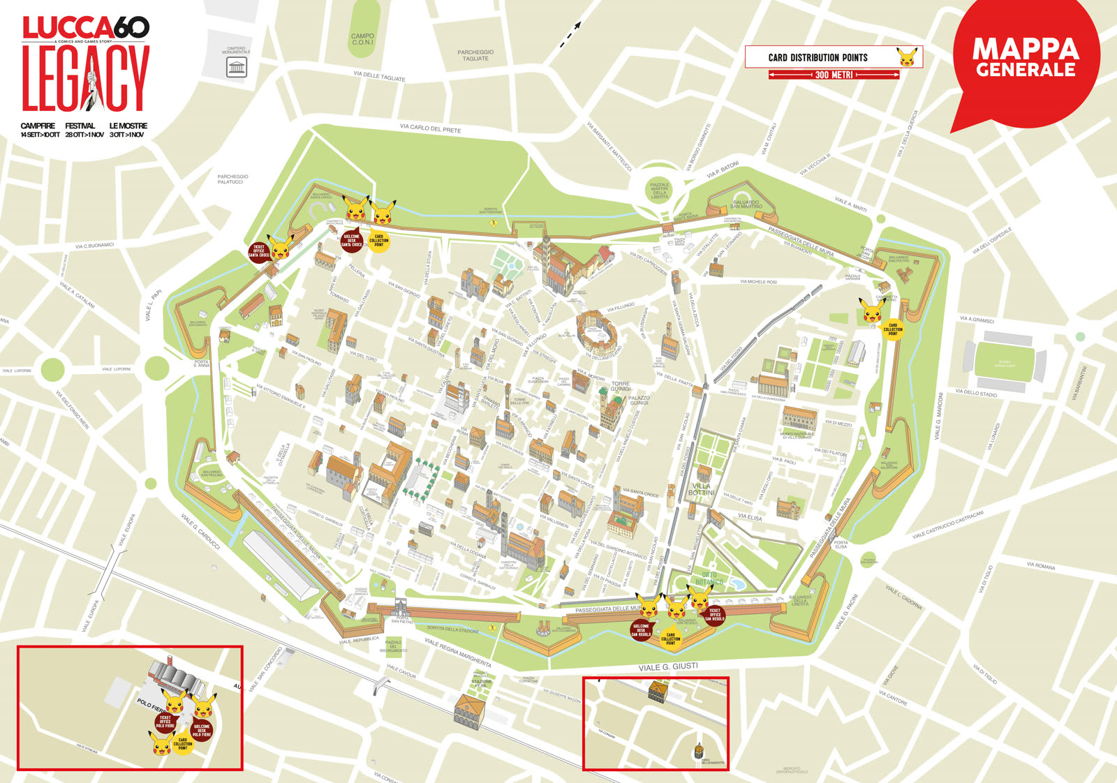 Mappa ufficiale dei punti di distribuzione della carta Pikachu a Lucca