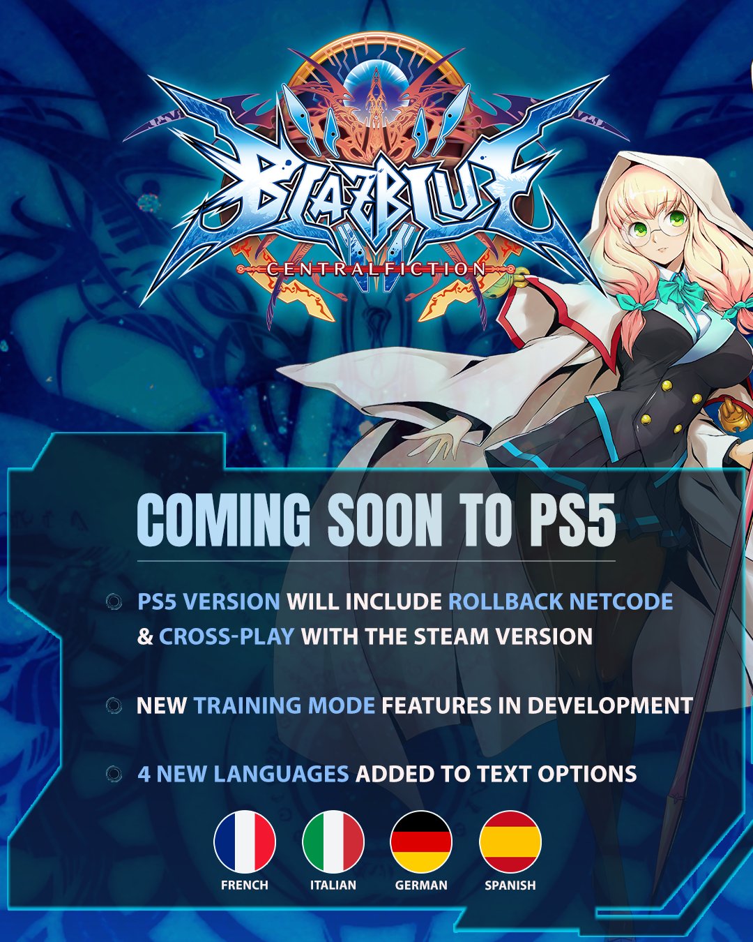 Annuncio ufficiale di BlazBlue Centralfiction su PS5 con rollback, cross-play e lingua italiana