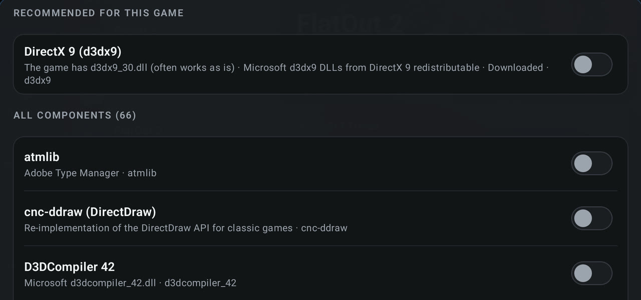DroidDeck 0.3.2, pannello dei componenti Windows per i giochi
