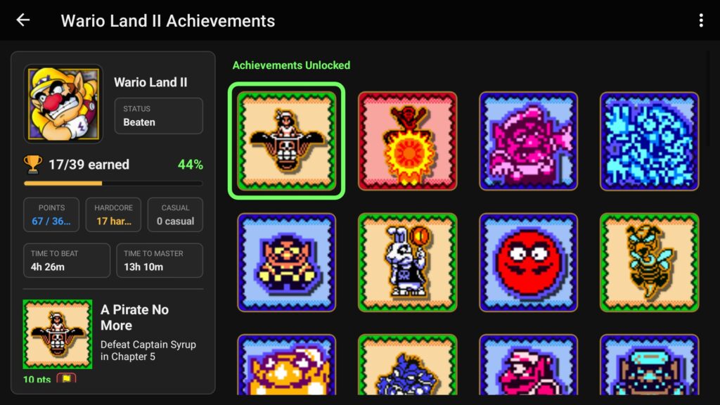 RetroAchievements in LaunchBox per Android 1.23, schermata di Wario Land II