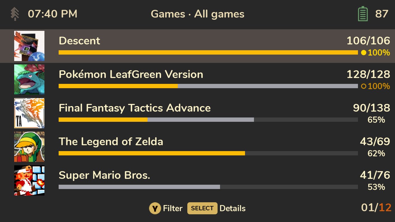 Cheevos in spruceOS 4.5.4 mostra i progressi RetroAchievements dei giochi