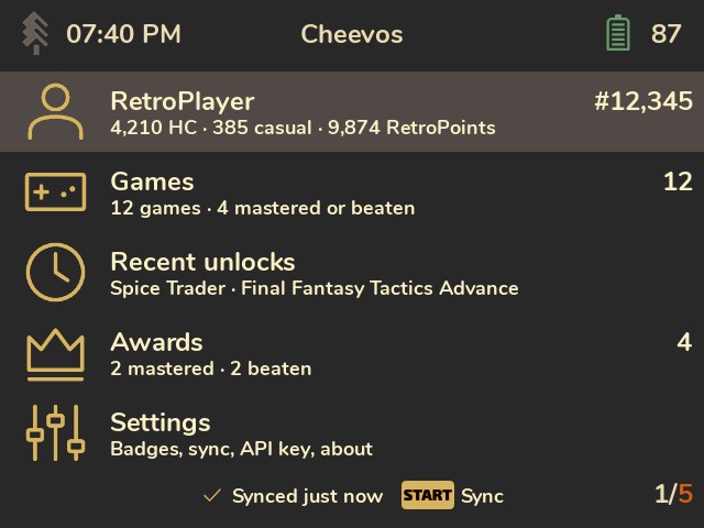 Menu principale di Cheevos con profilo e obiettivi RetroAchievements