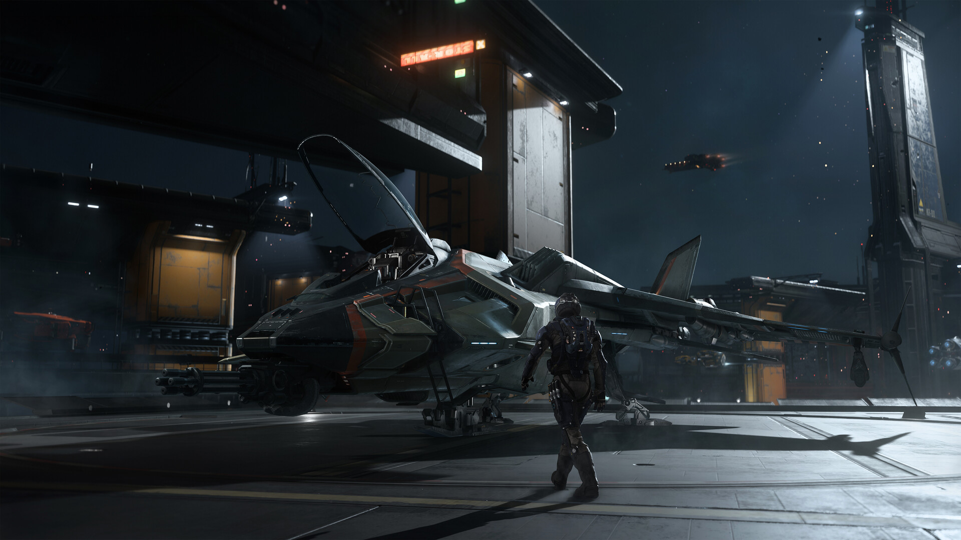 Squadron 42, un soldato davanti a un'astronave in un hangar