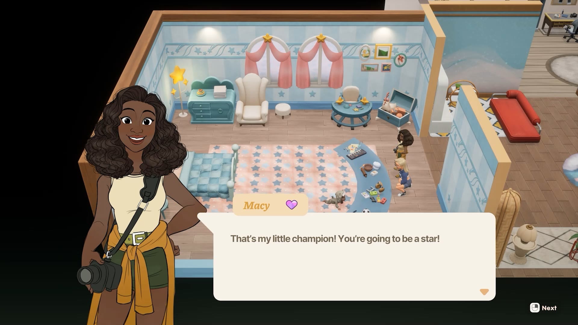 Un momento in famiglia con Macy mostrato nell’annuncio di Kids Grow Up. Immagine: Stairway Games.