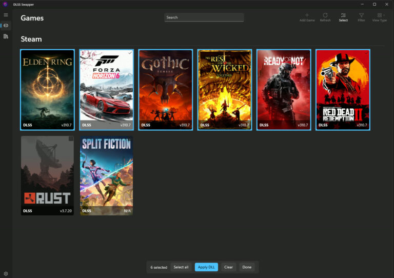 Selezione multipla di giochi in DLSS Swapper, immagine della PR 913 nel repository ufficiale.