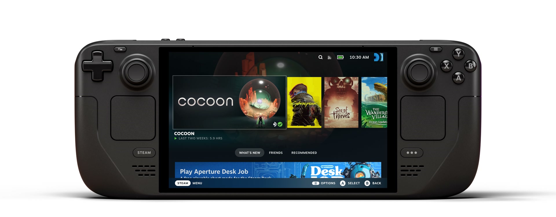 Steam Deck OLED e l’interfaccia di gioco, nell’immagine ufficiale Valve.