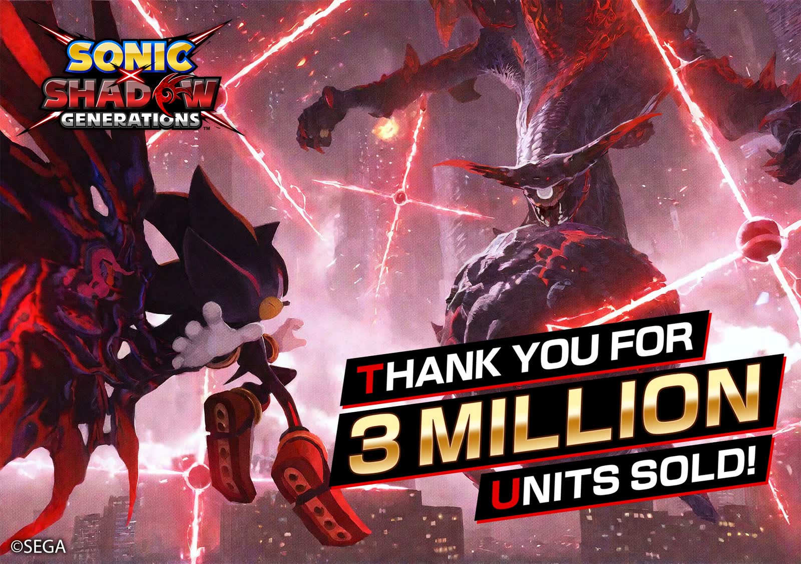 L'illustrazione ufficiale con cui SEGA celebra oltre 3 milioni di copie vendute di Sonic X Shadow Generations.