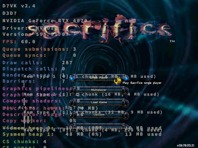 Sacrifice a 640 × 480 su X11 con D7VK 2.4, nel test dello sviluppatore.