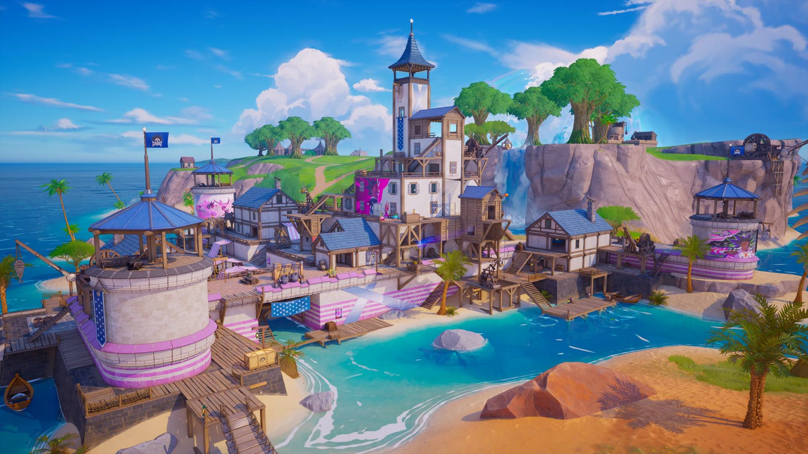 Una delle località della nuova isola nel materiale ufficiale di Fortnite Cacciatori di tesori. Immagine: Epic Games.
