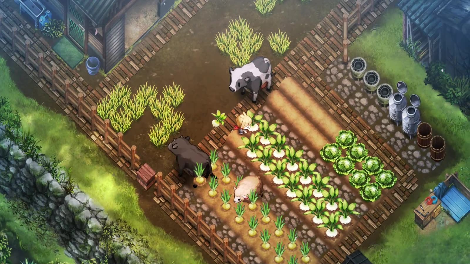 Coltivazioni e animali di Village in the Shade in uno screenshot promozionale ufficiale Steam.