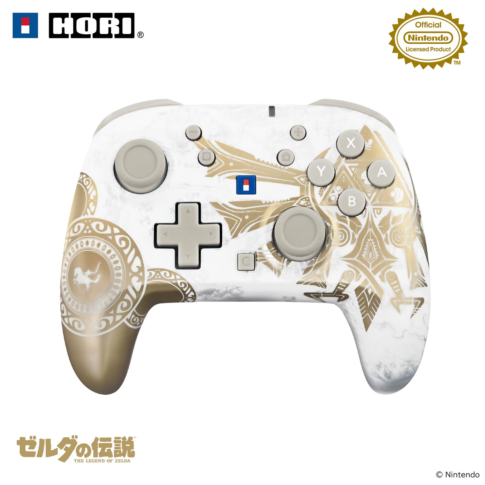Il Wireless HORIPAD TURBO Zelda in un’immagine ufficiale HORI: finitura chiara e decorazioni dorate.