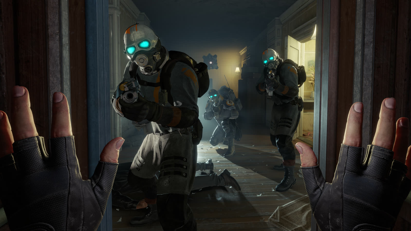 Un incontro con i Combine in Half-Life: Alyx, dai materiali ufficiali Valve. L’immagine non è un confronto prestazionale della nuova opzione.