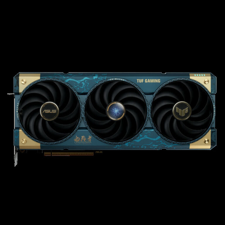 La TUF Gaming Radeon RX 9070 XT Onimusha Special Edition in un’immagine ufficiale ASUS.