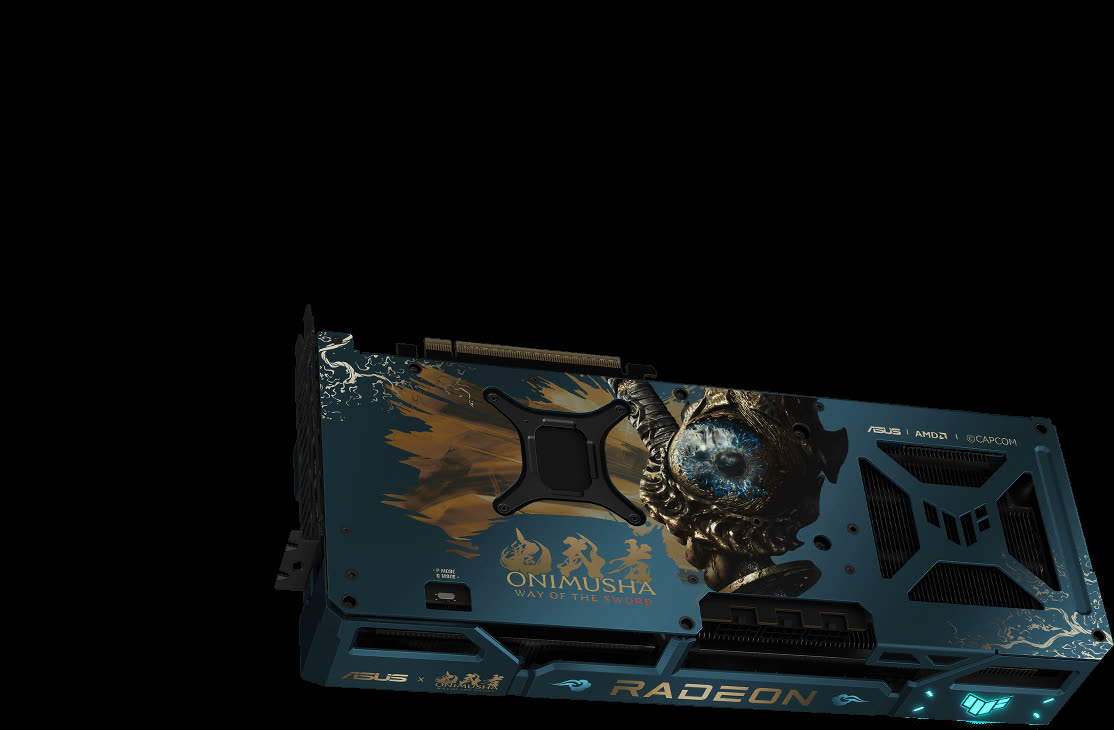 Il backplate della scheda ASUS riprende il guanto Oni e la grafica blu e oro di Onimusha.