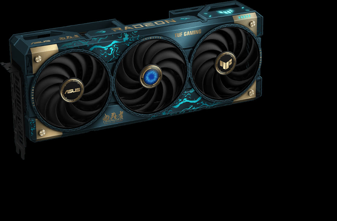 La vista frontale ufficiale mostra le tre ventole della Radeon ASUS dedicata a Onimusha.